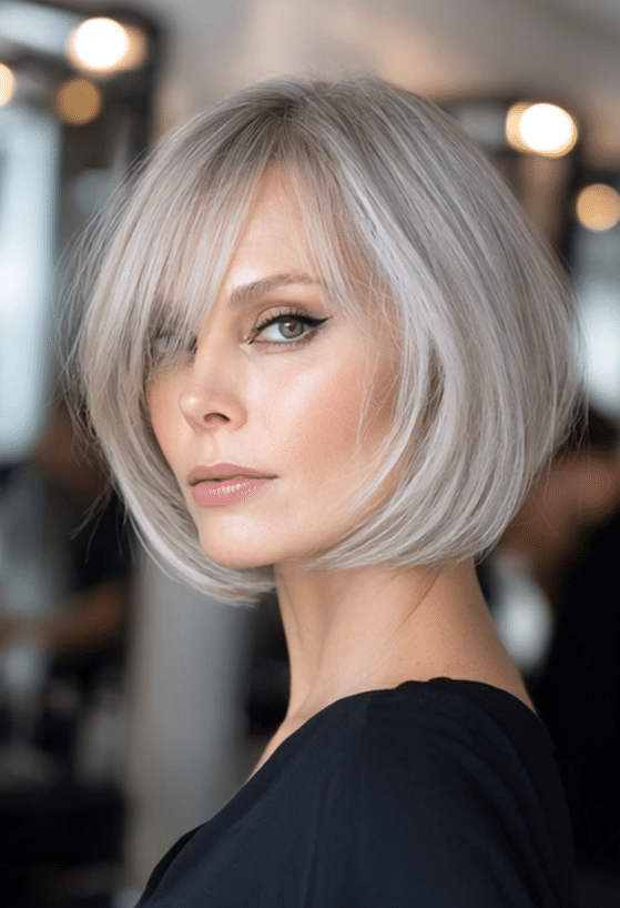 Silver-gray bob with soft bangs framing the face