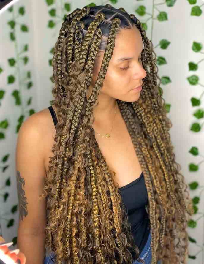 Goddess braids with curly strands woven through