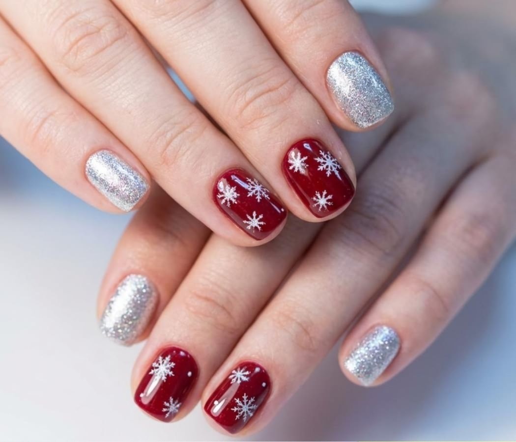 Short squoval nails in deep wine red with hand-painted silver snowflakes and silver glitter accent nails