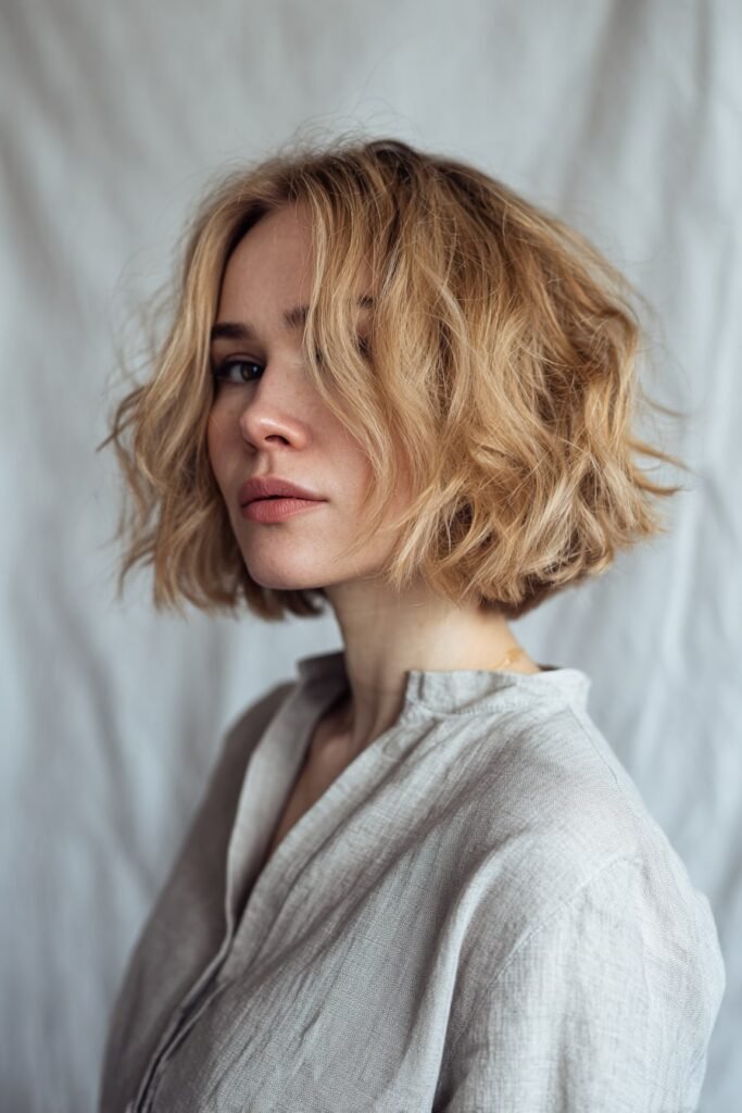 Tousled bronde bob with airy feathered layers
