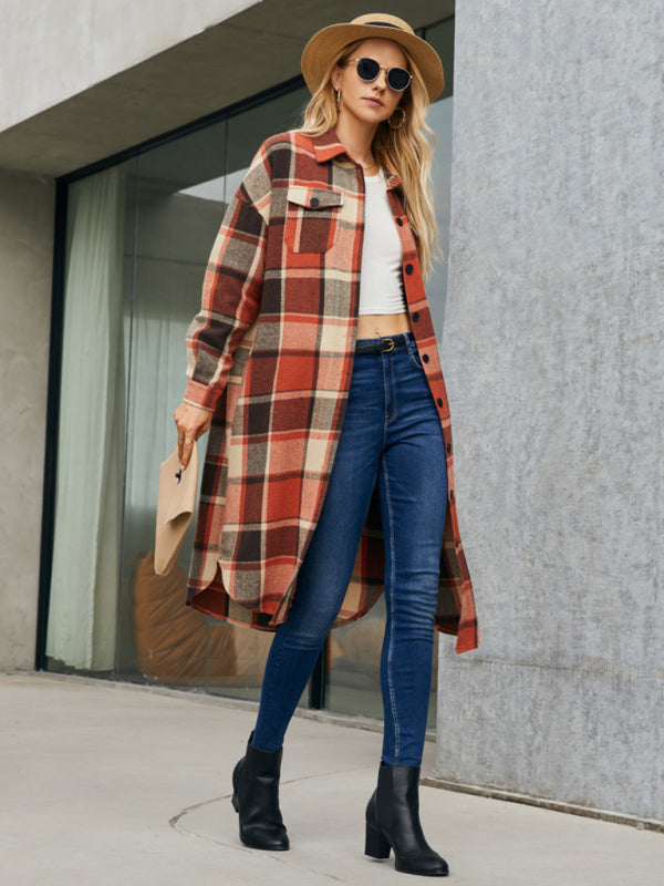 Plaid collared mid-length shacket product photo