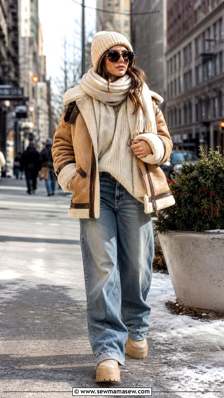Woman wearing a shearling jacket layered over winter street-style pieces