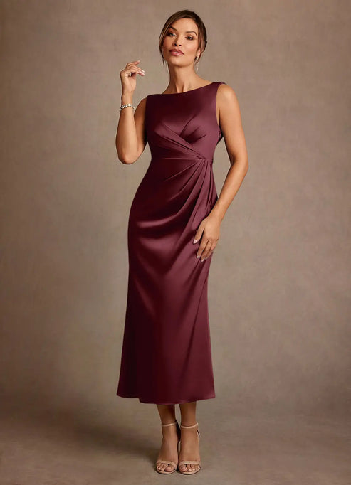 Satin midi dress with draped cowl back for a formal event