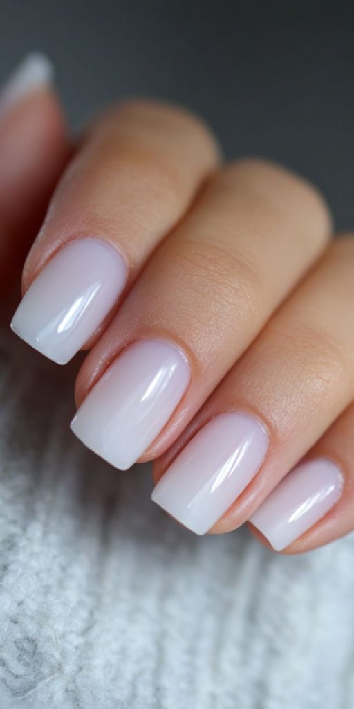 Short oval nails with a sheer milky white glossy finish