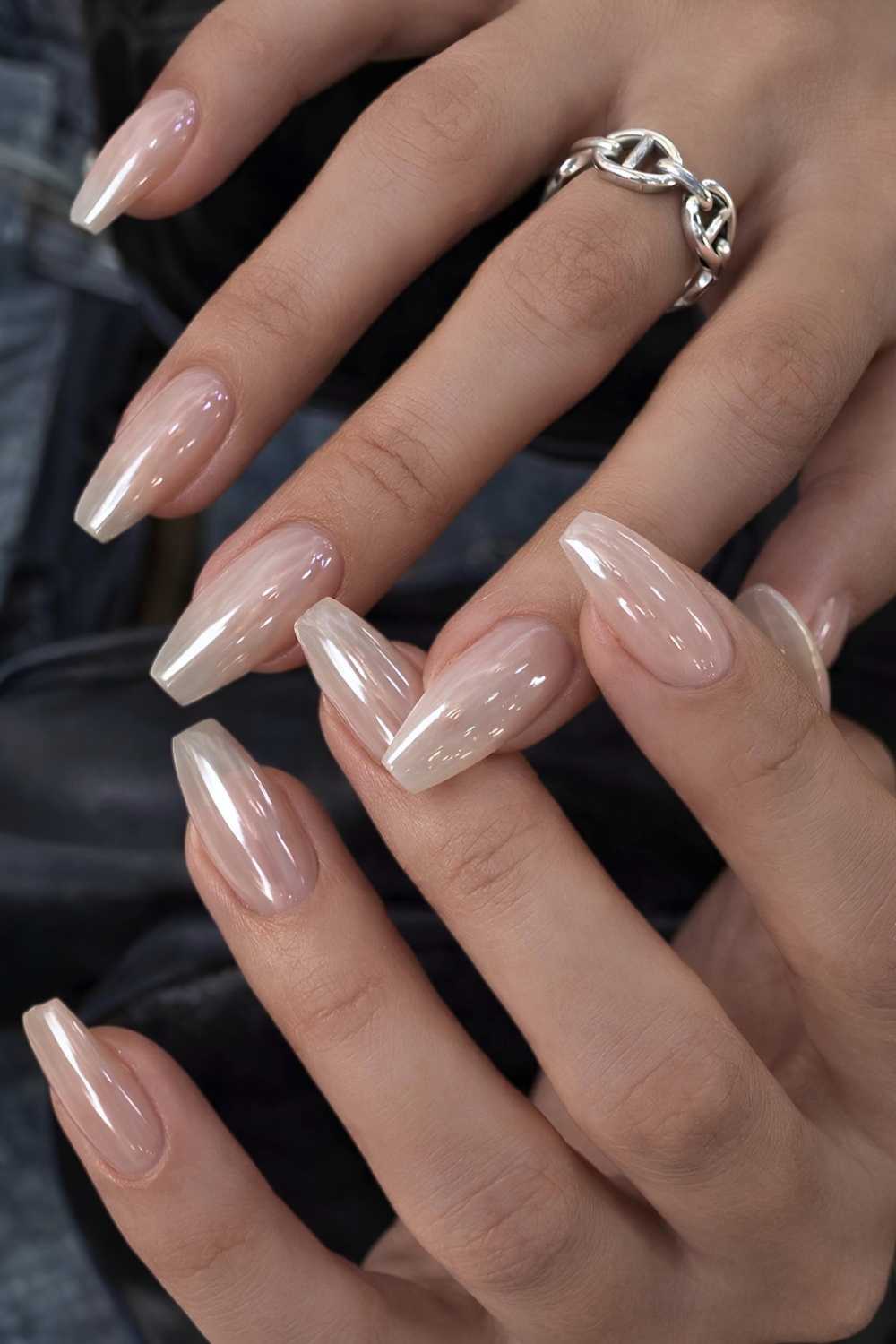 Coffin nude nails with frosted white chrome finish