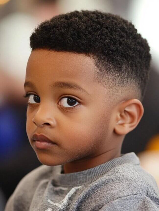 Little boy with a curly afro top and short tapered fade