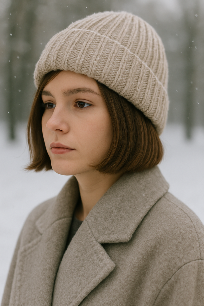 Woman in a cream beanie with a sleek dark chin-length bob in the snow