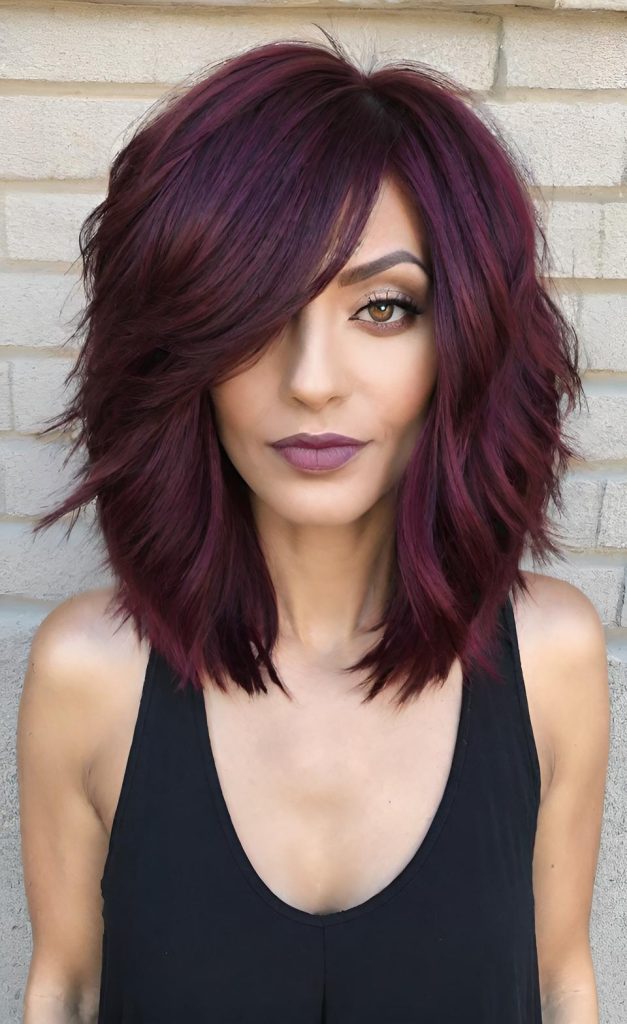 Burgundy shag haircut with choppy textured layers