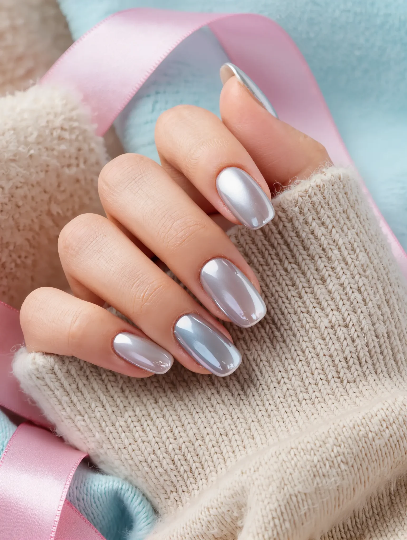 Short natural nails with a silver chrome finish