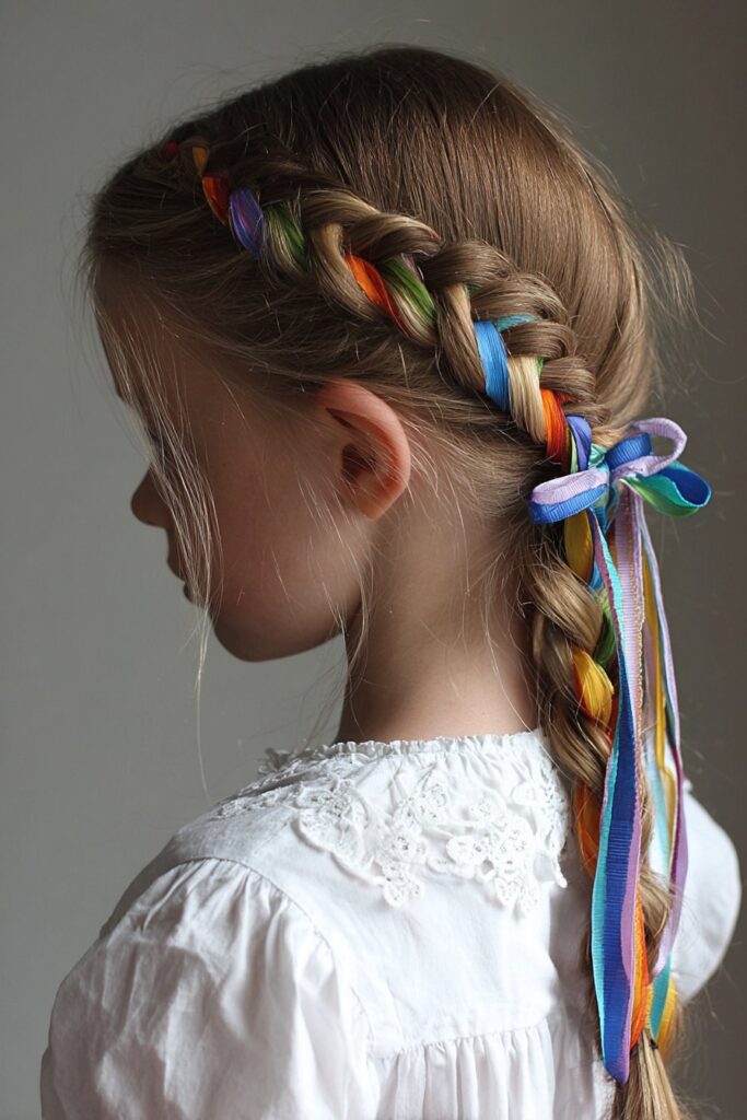 Girl's side braid woven with colorful ribbons and tied in a ribbon bow