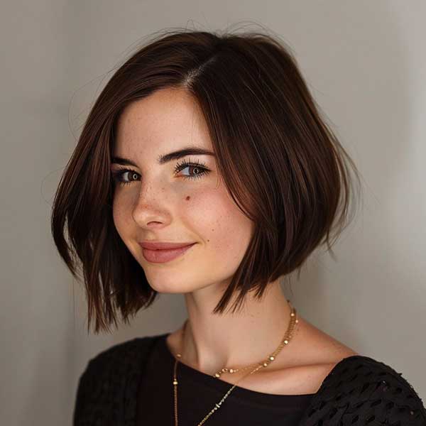 Brunette blunt bob with a side part and softly flipped ends