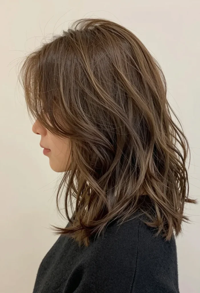 Medium wavy ash brown hair with wispy bangs