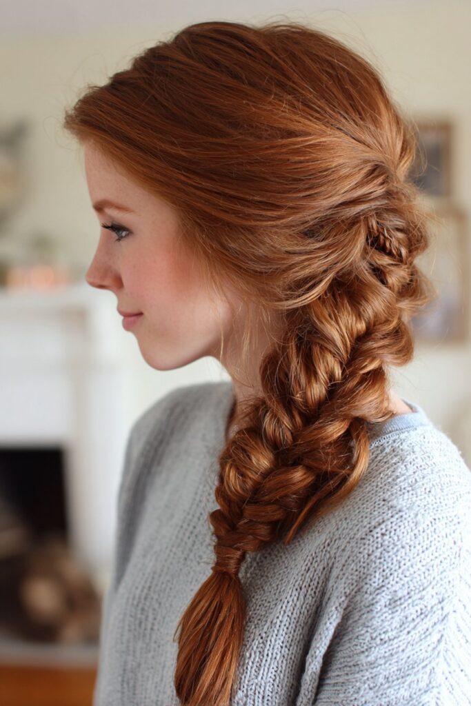 Side fishtail braid hairstyle with loose textured finish