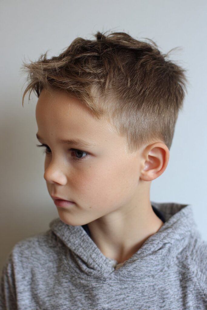 Boy with a side-swept fringe haircut and soft layered top