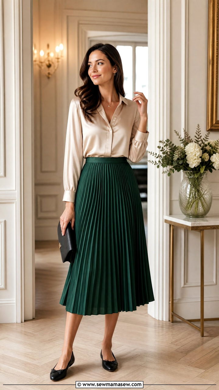 Woman in a silk blouse, cardigan and pleated midi skirt with ballet flats