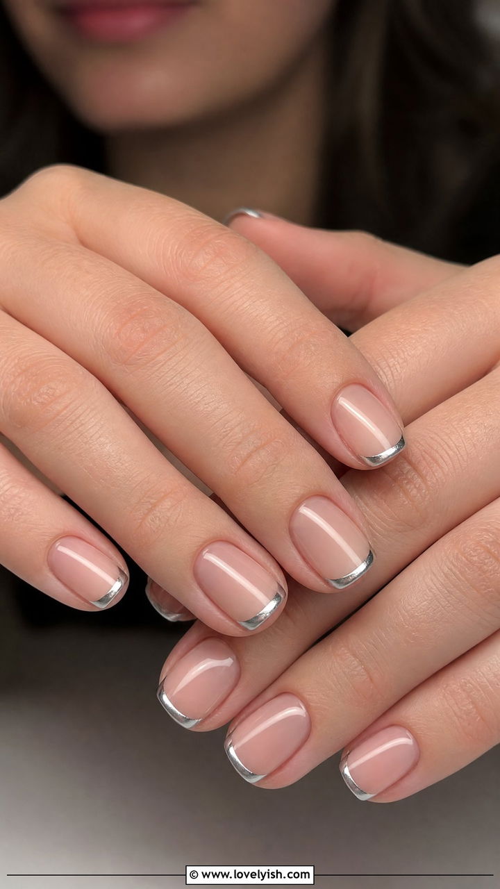 Short square nails with silver metallic French tips
