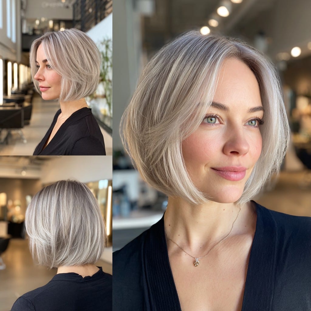 Silver-blonde chin-length bob with soft layers, shown from three angles