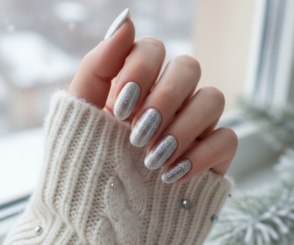 Glitter Cat-Eye: silver frost cat-eye shimmer on oval nails