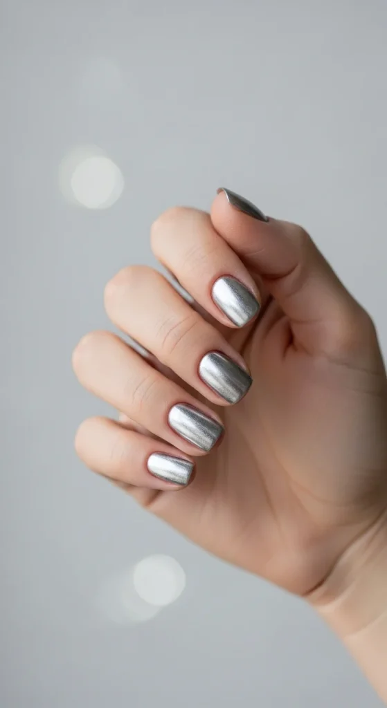 Nails with a reflective silver mirror chrome finish
