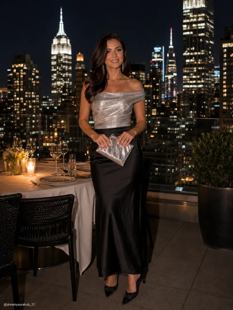 Woman wearing a silver slip skirt with a black top