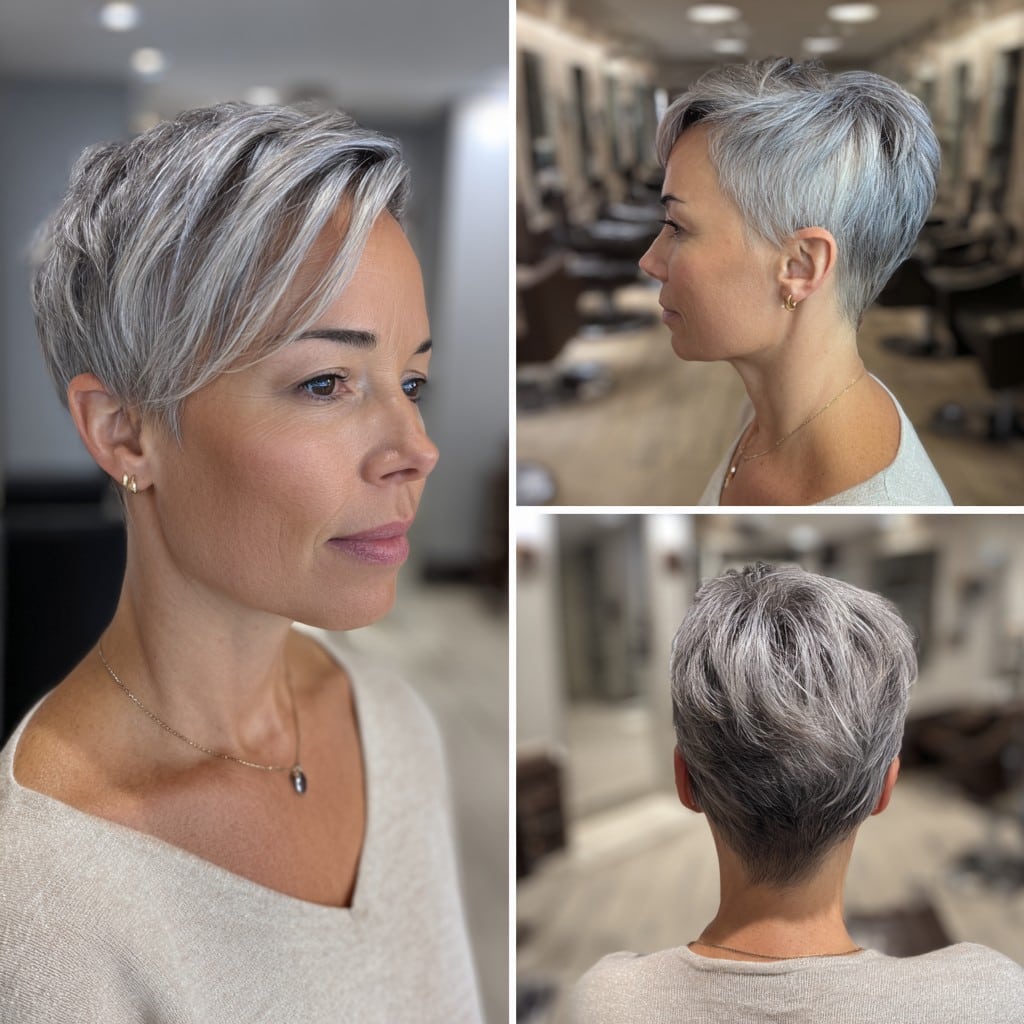 Silver pixie haircut with soft lowlights
