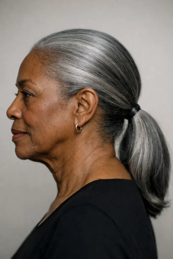 Older Black woman with a sleek low silver ponytail