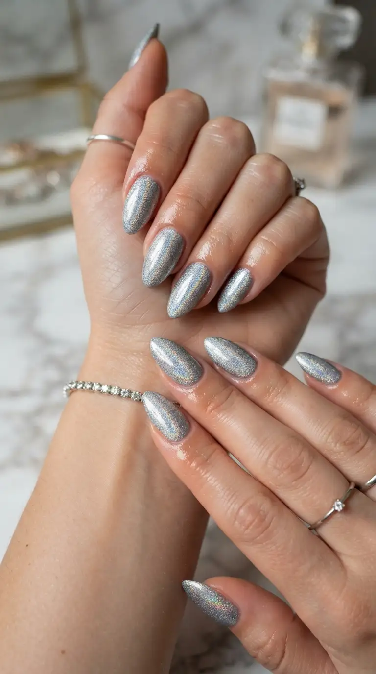 Medium almond holographic silver glitter nails