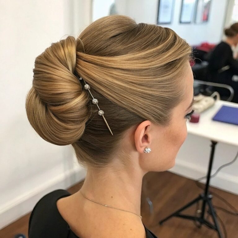 Sleek French twist decorated with jeweled hair pins on honey-blonde hair