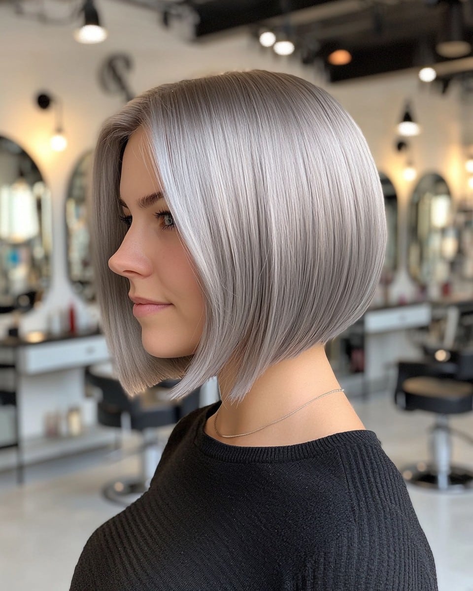 Pearl blonde inverted bob with icy silver undertones