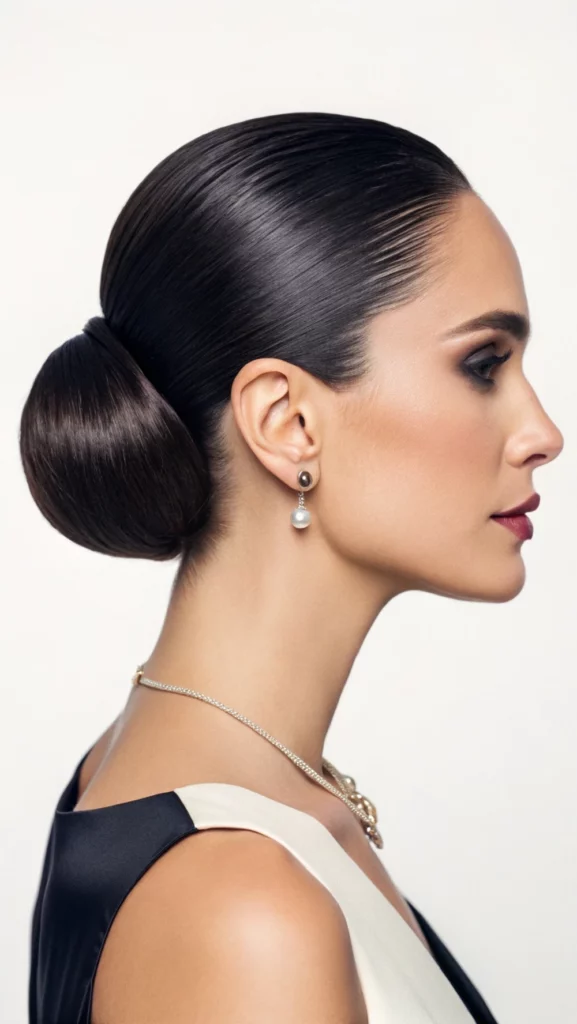 Side profile of a woman wearing a sleek low chignon bun with a deep side part