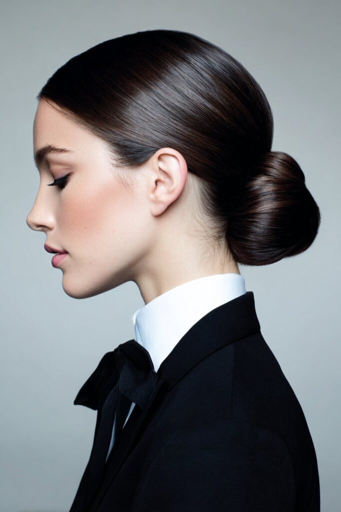 Woman with a sleek middle-part low bun hairstyle