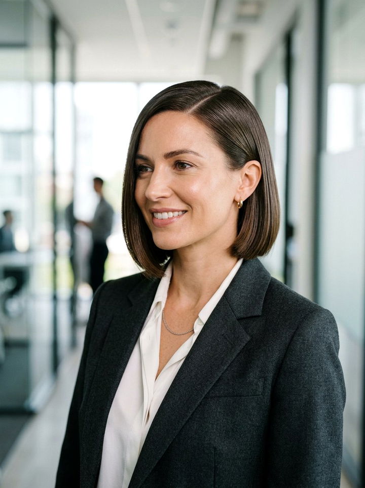Woman with a sleek chin-length bob and deep side part