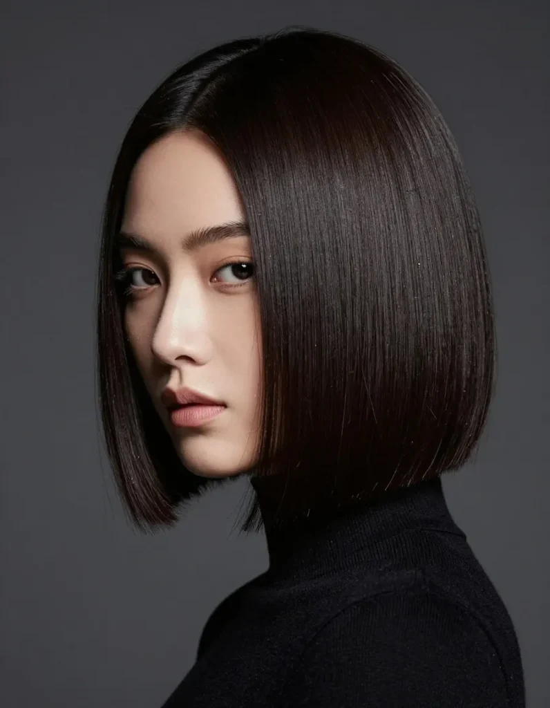 Sleek chin-length bob with middle part in glossy dark brown