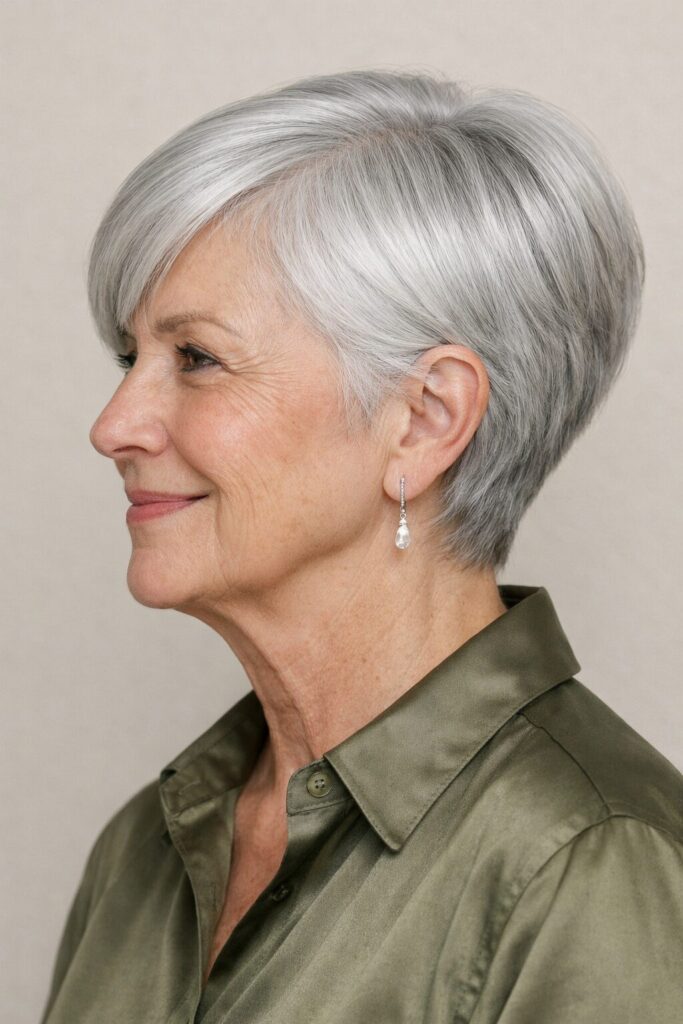 Older woman in profile with a sleek tapered silver pixie bob