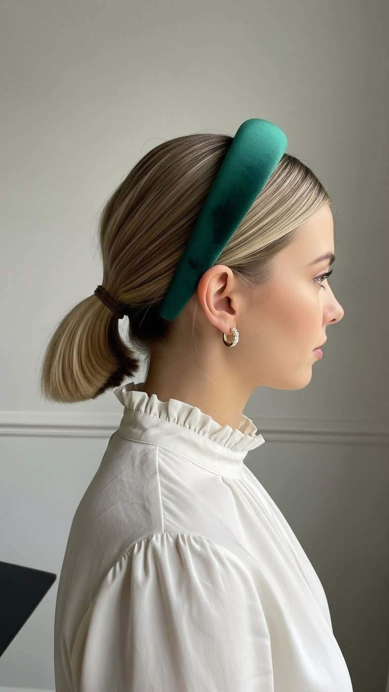 Woman with a sleek low blonde ponytail wearing a padded emerald velvet headband