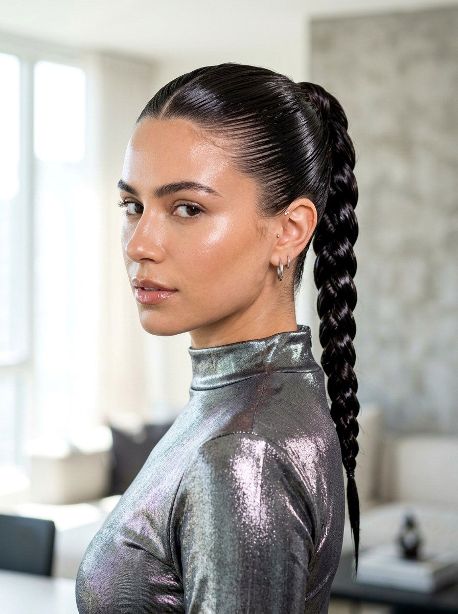 A slicked-back wet-look crown with a thick braided ponytail