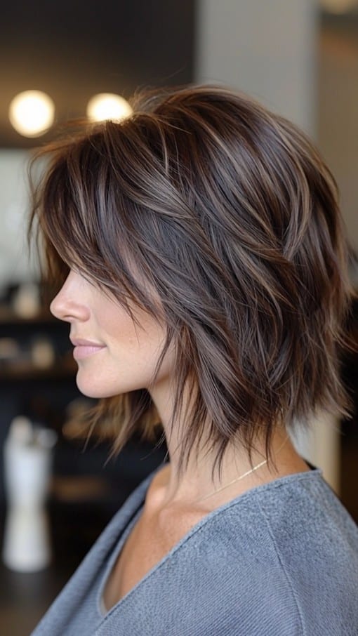 A woman with a feathered brown bob and side-swept fringe