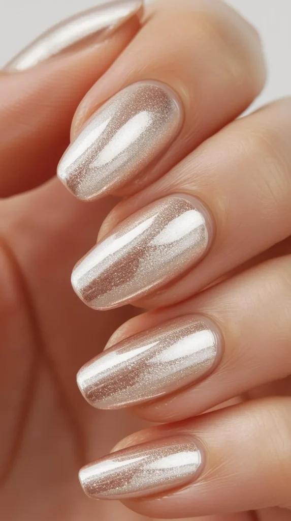 Champagne Aura: a pale champagne shimmer halo on almond nails