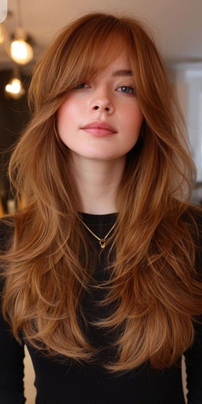 Copper auburn layered hair with curtain bangs