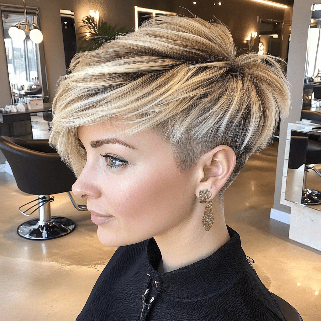 Sandy beige blonde pixie haircut
