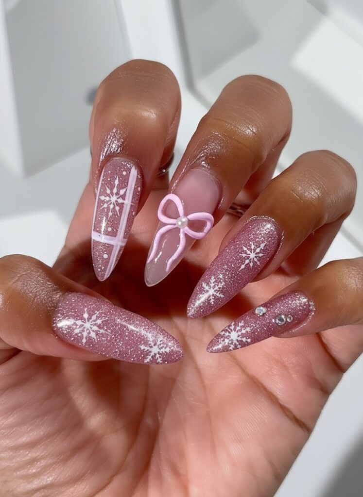 Blush-pink shimmery almond nails with a 3D pink bow, snowflake nail art and gift-wrap line design