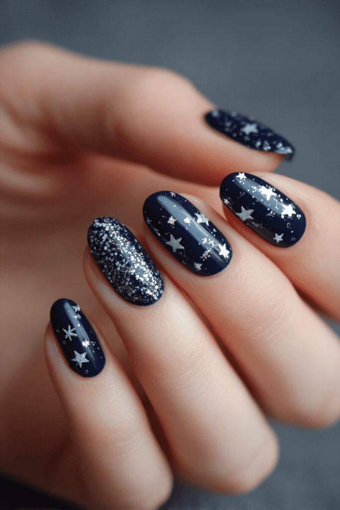 Almond nails in deep navy with silver star nail art