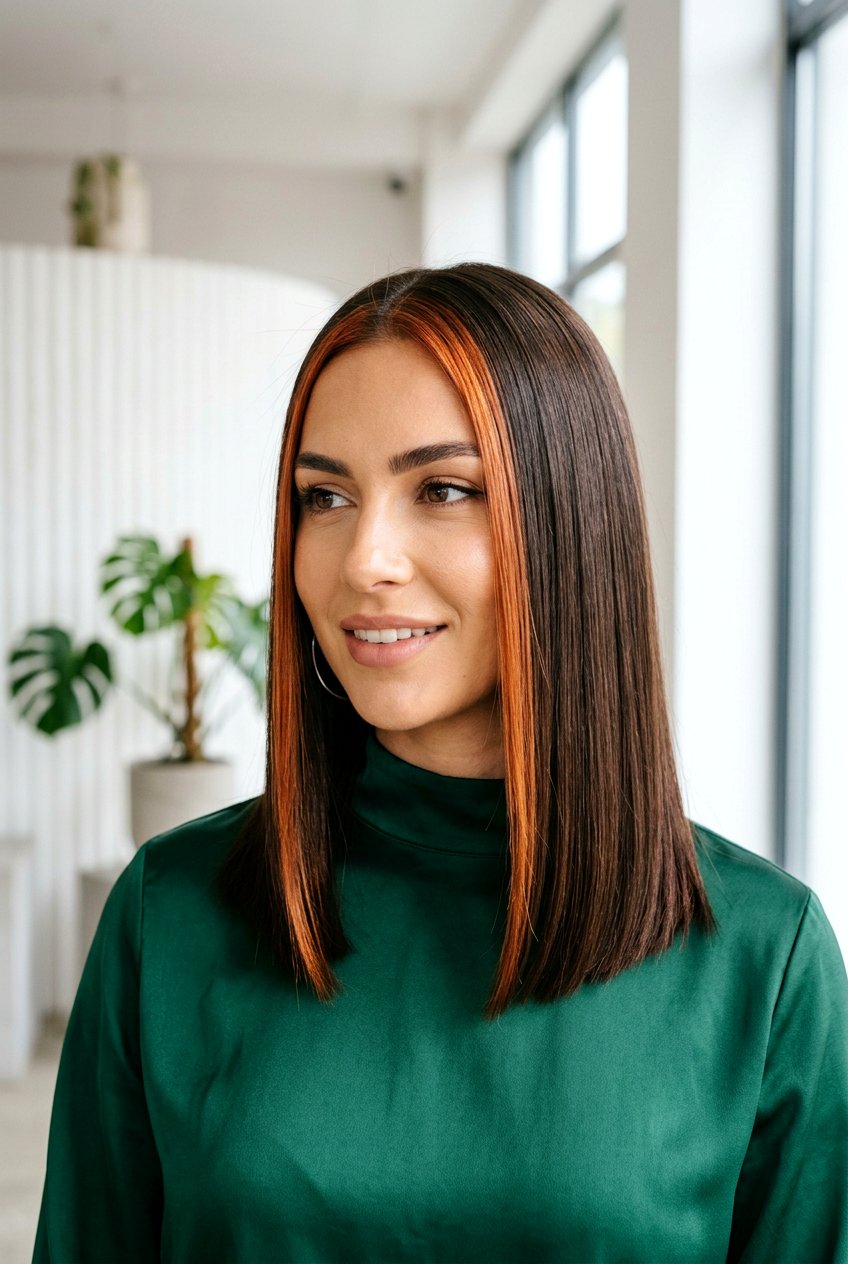 Straight espresso brunette hair with a copper money piece highlight