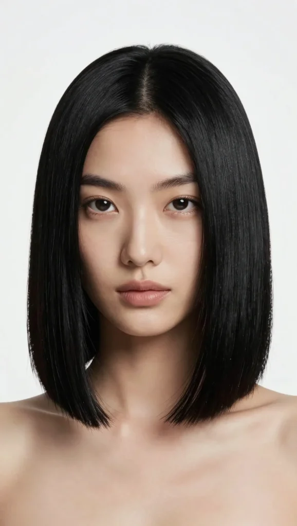 Soft black shoulder-length bob with glossy finish