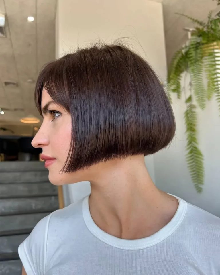 Sleek chin-length bob in deep espresso brown with side-swept front