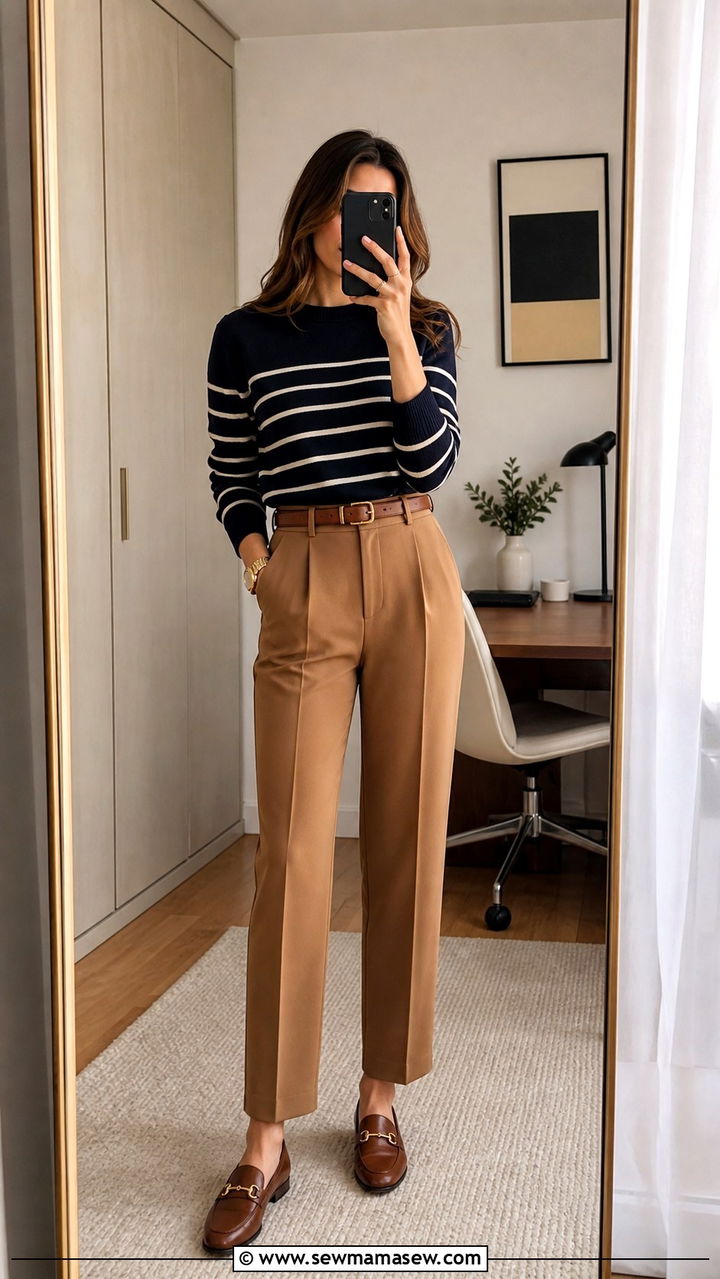 Striped Breton sweater with camel trousers and loafers