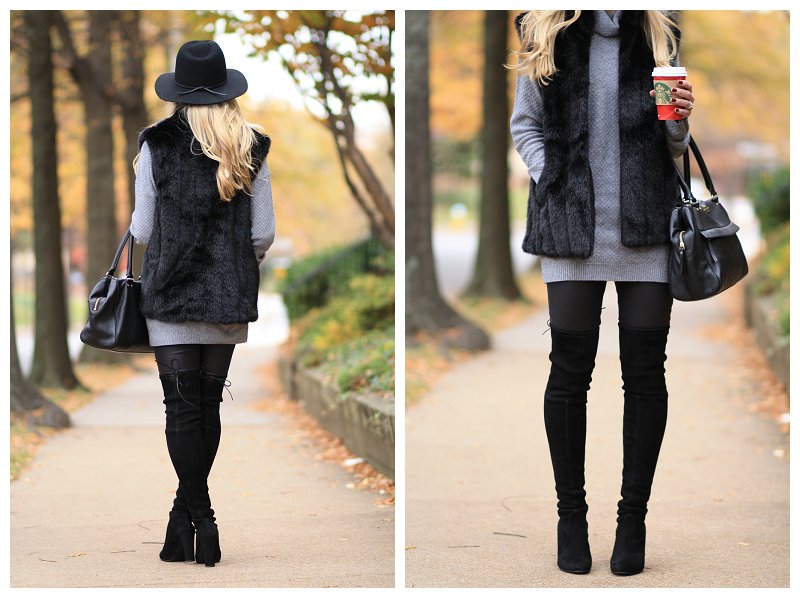 Faux fur vest with a gray turtleneck tunic and black suede thigh-high boots