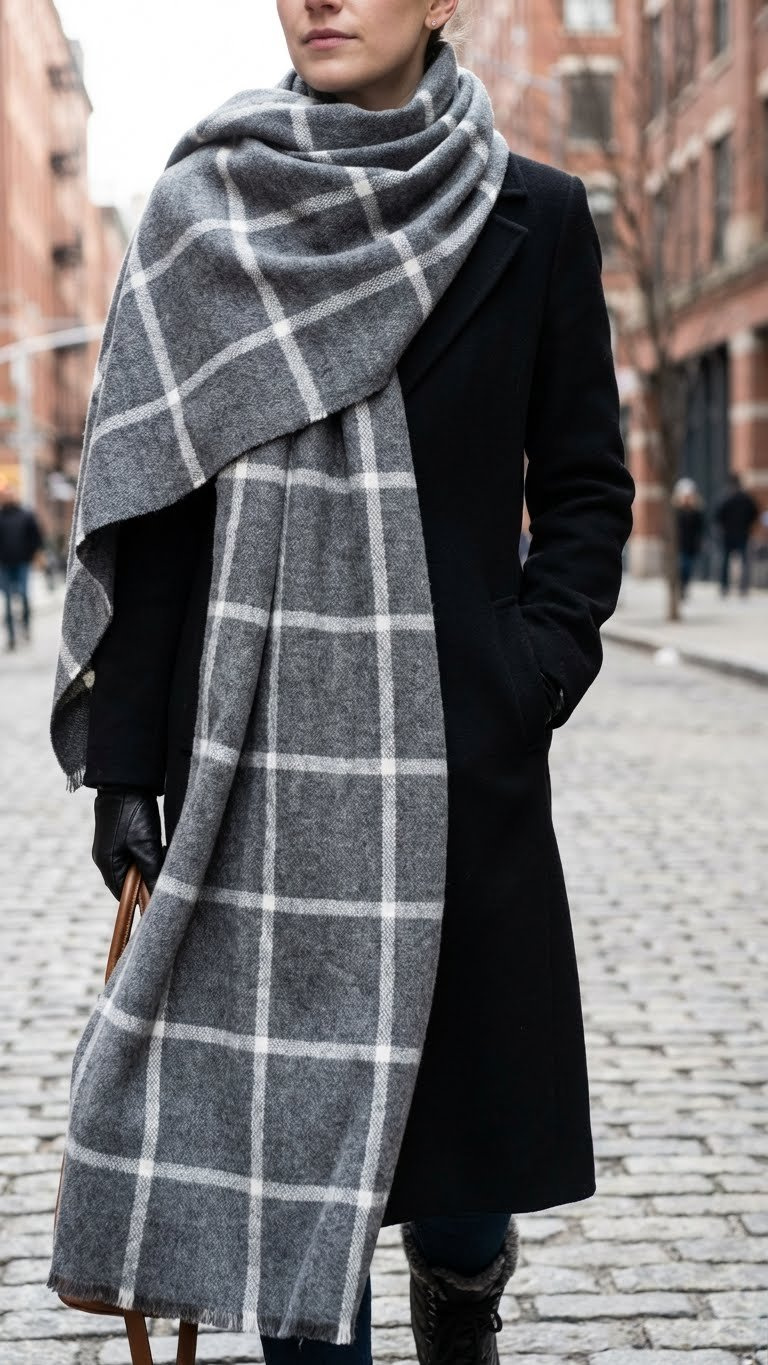 A woman in a grey and white windowpane scarf coat layered for winter