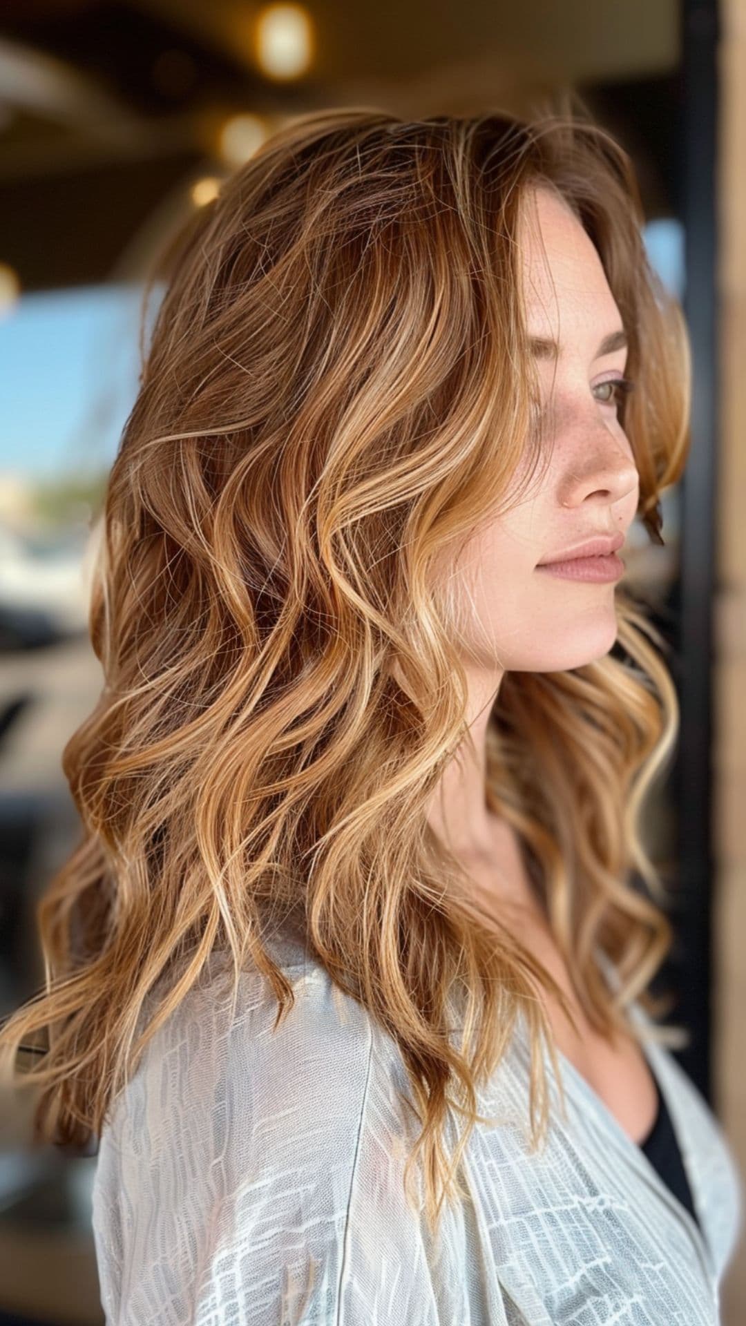 Golden brown hair with soft sun-kissed highlights on beachy waves