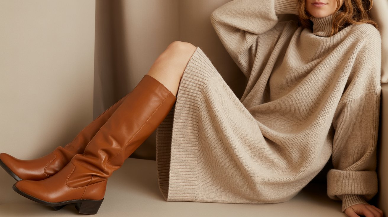 Woman wearing a sweater dress with boots